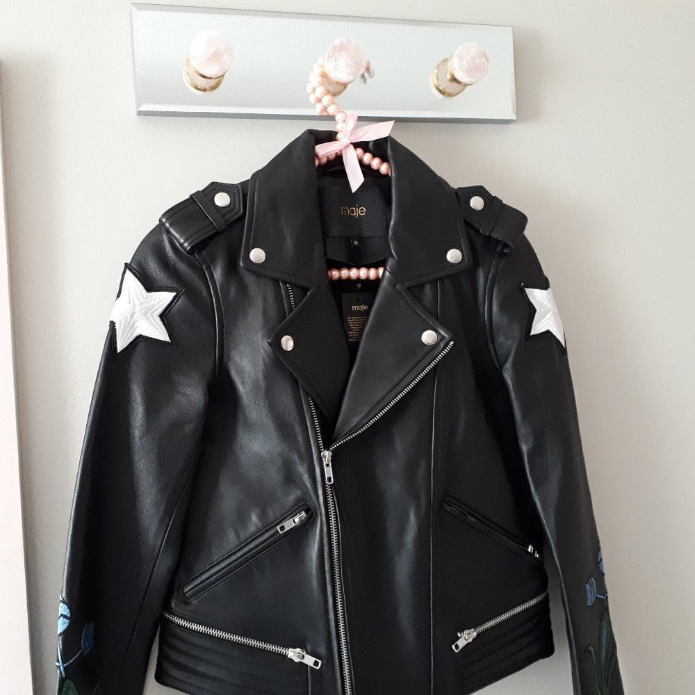 NWT Maje black leather patch embroidered “Dream Tomorrow” moto biker jacket, S - Picture 12 of 15